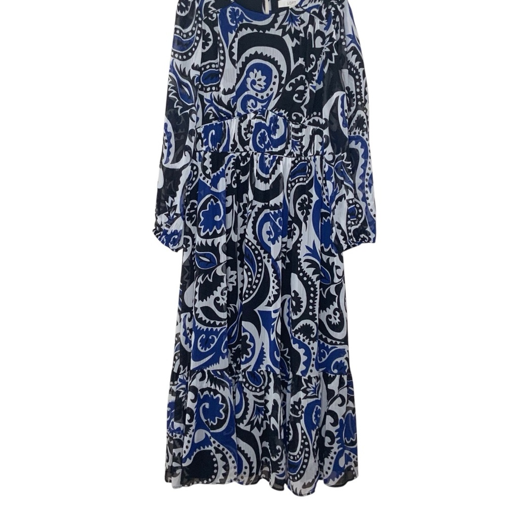 LOFT Blue and Black Paisley Long Sleeve Dress. Sheer sleeves. Size 8 - Picture 2 of 6